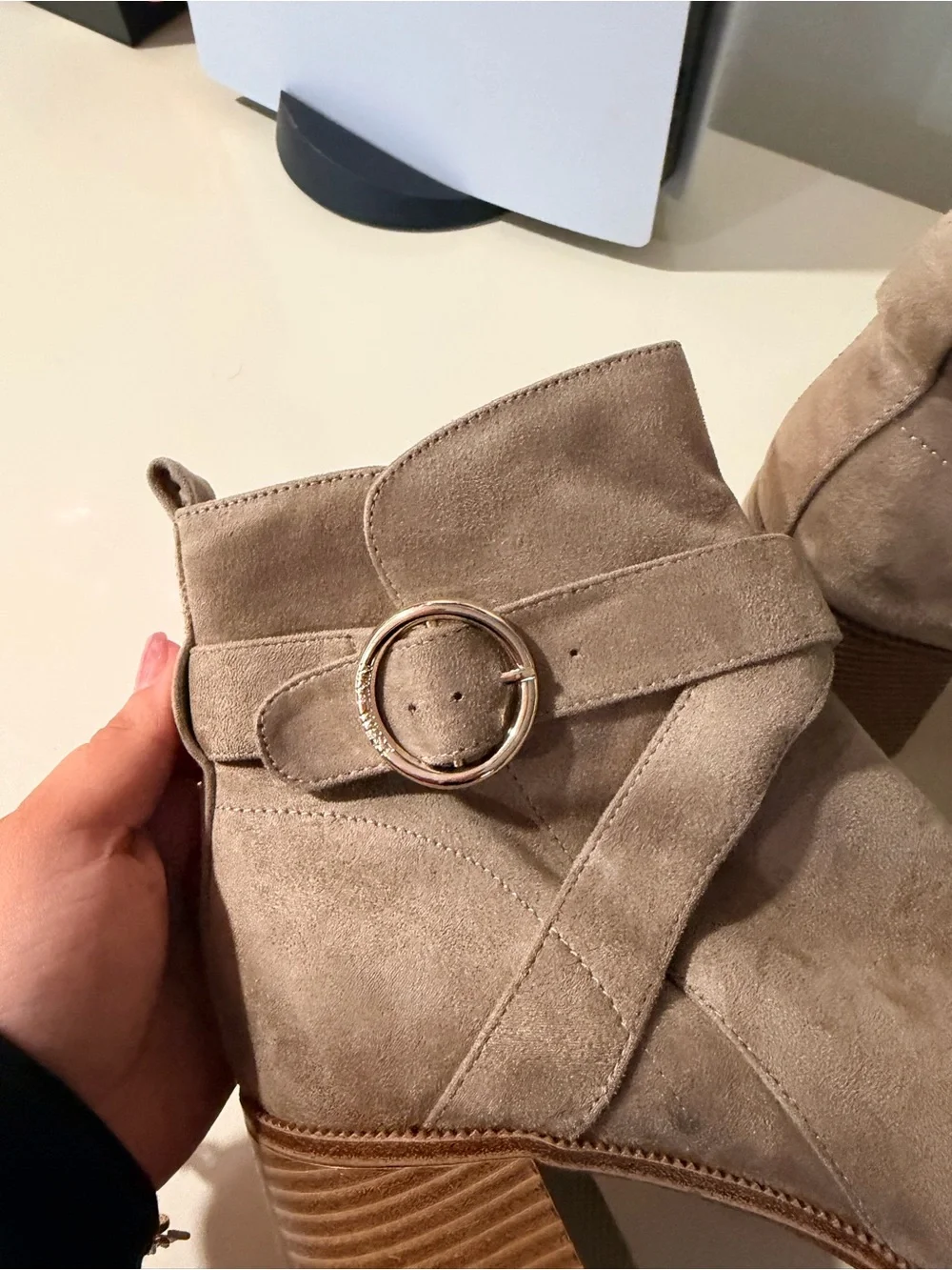 Nine West Beige Suede Buckle Strap Block Heel Ankle Boot